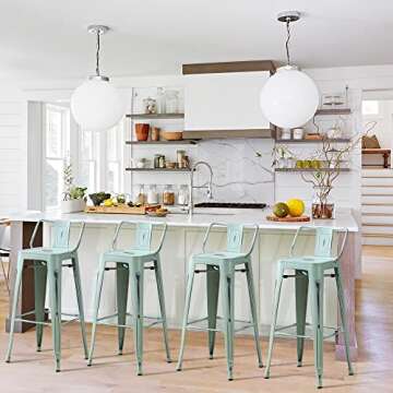 Metal Bar Stools Set of 4 in Distressed Blue-Green