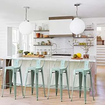 Metal Bar Stools Set of 4 in Distressed Blue-Green