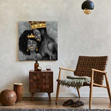 Artsbay African King and Queen Canvas Wall Art Black Art Paintings for Wall King & Queen Crowns Poster for Adult Bedroom Decor Sexy Pose of African Lovers Picture Framed Artwork 20" Wx 20" H
