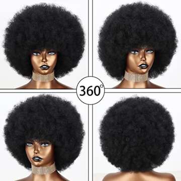 Xinran Short 70s Afro Wigs for Black Women, Large Synthetic Black Short Afro Wig 70's, 8 Inches 60s Afro Wig for Women Bouncy and Soft Natural Looking(Black)