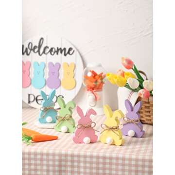 Easter Decorations, 5pcs Wooden Easter Bunny Table Sign with Jute Rope, Easter Wood Tiered Tray Decor Freestanding Easter Table Decorations