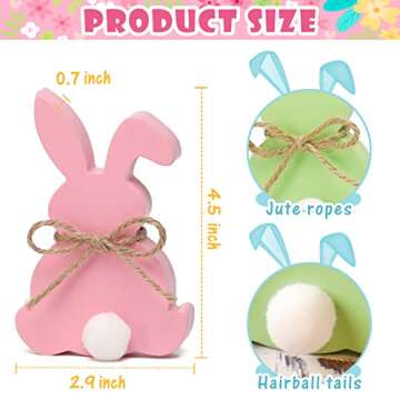 Easter Decorations, 5pcs Wooden Easter Bunny Table Sign with Jute Rope, Easter Wood Tiered Tray Decor Freestanding Easter Table Decorations