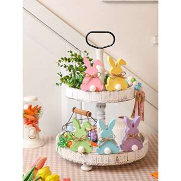 Easter Decorations, 5pcs Wooden Easter Bunny Table Sign with Jute Rope, Easter Wood Tiered Tray Decor Freestanding Easter Table Decorations