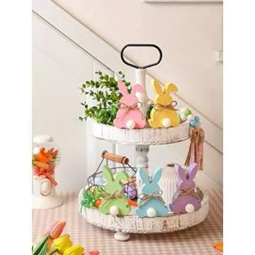 Easter Decorations, 5pcs Wooden Easter Bunny Table Sign with Jute Rope, Easter Wood Tiered Tray Decor Freestanding Easter Table Decorations