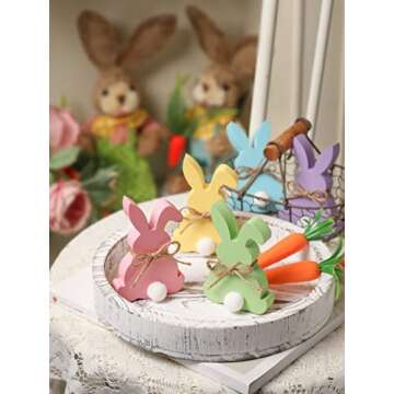 Easter Decorations, 5pcs Wooden Easter Bunny Table Sign with Jute Rope, Easter Wood Tiered Tray Decor Freestanding Easter Table Decorations