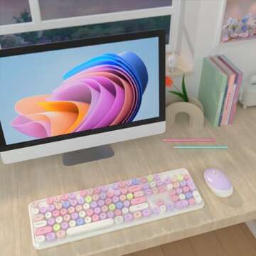 Wireless Computer Keyboard and Mouse Combo, NEOBELLA Colorful Typewriter Floating Round Keycaps Clic...