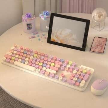 Wireless Computer Keyboard and Mouse Combo, NEOBELLA Colorful Typewriter Floating Round Keycaps Clicky USB Receiver Keyboard Mouse Set with Power Switch for PC Laptop Tablet(White-Colorful)