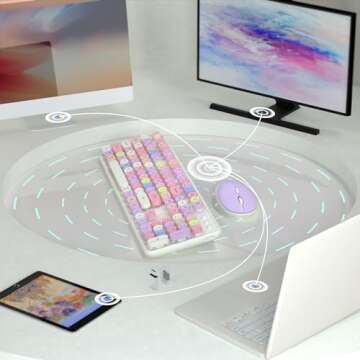 Wireless Computer Keyboard and Mouse Combo, NEOBELLA Colorful Typewriter Floating Round Keycaps Clicky USB Receiver Keyboard Mouse Set with Power Switch for PC Laptop Tablet(White-Colorful)