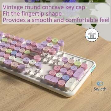 Wireless Computer Keyboard and Mouse Combo, NEOBELLA Colorful Typewriter Floating Round Keycaps Clicky USB Receiver Keyboard Mouse Set with Power Switch for PC Laptop Tablet(White-Colorful)