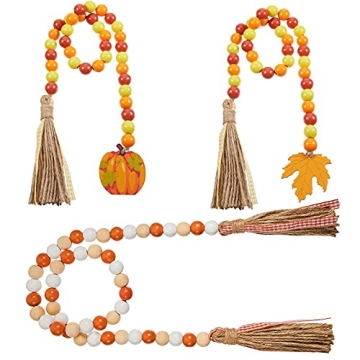 3 Pieces Thanksgiving Fall Wood Bead Tassel Decorations Pumpkin and Maple Leaves Autumn Rustic Wood ...