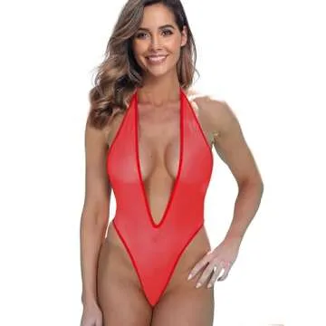 SHERRYLO Women’s Sexy Sheer V-Plunge Thong Bodysuit