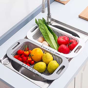 Collapsible Colander Kitchen Extendable Strainer Basket Plastic Wash Fruits Vegetables Space-Saver Portable Drainer Over Sink Drain Basket, Grey