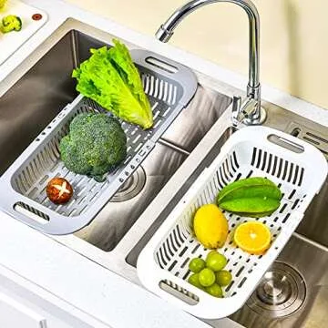 Collapsible Colander Kitchen Extendable Strainer Basket Plastic Wash Fruits Vegetables Space-Saver Portable Drainer Over Sink Drain Basket, Grey