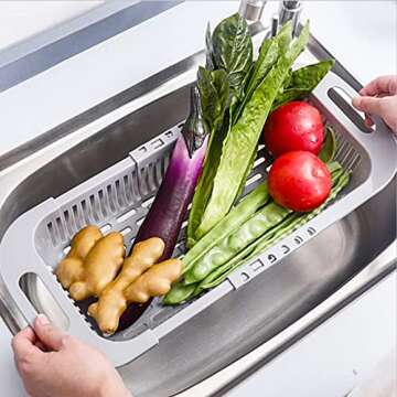 Collapsible Colander Kitchen Extendable Strainer Basket Plastic Wash Fruits Vegetables Space-Saver Portable Drainer Over Sink Drain Basket, Grey