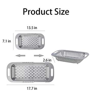 Collapsible Colander Kitchen Extendable Strainer Basket Plastic Wash Fruits Vegetables Space-Saver Portable Drainer Over Sink Drain Basket, Grey
