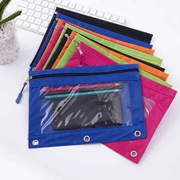 DoDoMagxanadu Binder Pencil Pouch with Zipper Pulls, Pencil Case with Rivet Enforced 3 Ring, 10 Pack 5 Colors