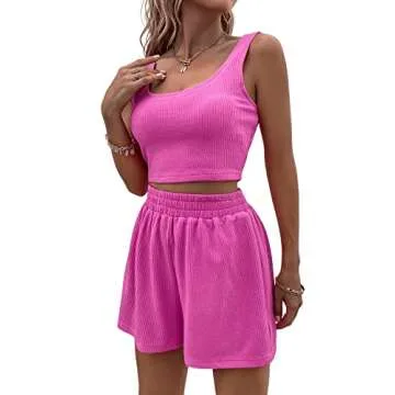 Verdusa Women's 2 Piece Ribbed Crop Tank Top and Shorts Tracksuit Set Hot Pink XS