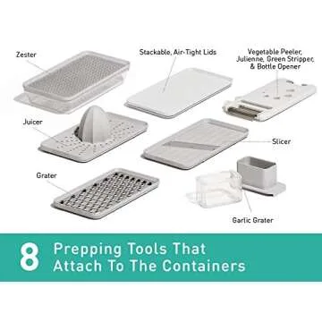 Prepdeck Recipe Preparation Kit and Storage, 8 Premium Prepping Tools, Cutting Board with 15 Tritan Plastic Food Containers with Lids, Removable Trash Bin, Microwave and Top-Rack Dishwasher Safe