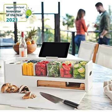 Prepdeck Recipe Preparation Kit and Storage, 8 Premium Prepping Tools, Cutting Board with 15 Tritan Plastic Food Containers with Lids, Removable Trash Bin, Microwave and Top-Rack Dishwasher Safe