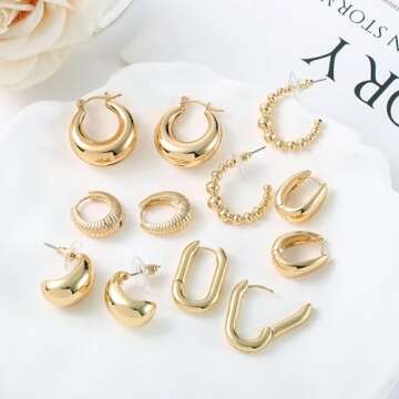 ALLHOLA 6 Pairs Gold Hoop Earrings for Women, 14K Gold Plated Lightweight Chunky Hoop Earrings Set Hypoallergenic, Thick Open Huggie Hoops Earrings Jewelry for Gifts. (02-Gold hoops)