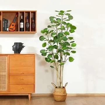 Kazeila 2 Pack Artificial Aralia Balfour Tree,Fake Greenery Plant,Come with Woven Seagrass Belly Basket,Indoor Modern Decoration,6 Feet