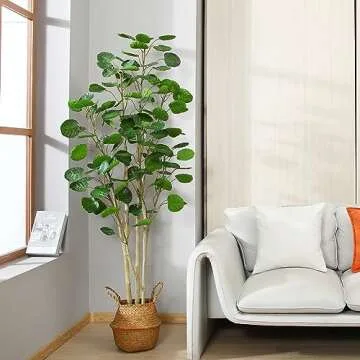 Kazeila 2 Pack Artificial Aralia Balfour Tree,Fake Greenery Plant,Come with Woven Seagrass Belly Basket,Indoor Modern Decoration,6 Feet