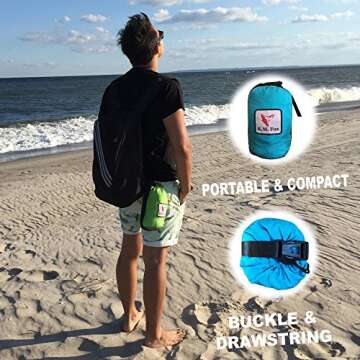 K.M. Fox Beach Blanket Portable Compact Sand Proof - Best Mat for Camping Hiking Picnic - Durable Quick Drying Nylon - Large Oversized with 4 Red Lightweight Aluminum Stakes - Great Present