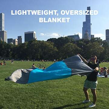 K.M. Fox Beach Blanket Portable Compact Sand Proof - Best Mat for Camping Hiking Picnic - Durable Quick Drying Nylon - Large Oversized with 4 Red Lightweight Aluminum Stakes - Great Present