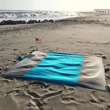 K.M. Fox Beach Blanket Portable Compact Sand Proof - Best Mat for Camping Hiking Picnic - Durable Quick Drying Nylon - Large Oversized with 4 Red Lightweight Aluminum Stakes - Great Present