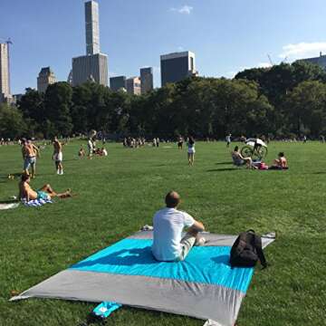 K.M. Fox Beach Blanket Portable Compact Sand Proof - Best Mat for Camping Hiking Picnic - Durable Quick Drying Nylon - Large Oversized with 4 Red Lightweight Aluminum Stakes - Great Present