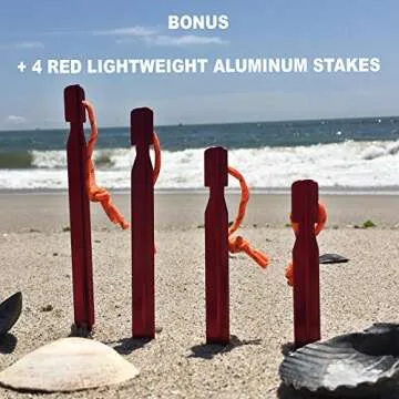 K.M. Fox Beach Blanket Portable Compact Sand Proof - Best Mat for Camping Hiking Picnic - Durable Quick Drying Nylon - Large Oversized with 4 Red Lightweight Aluminum Stakes - Great Present