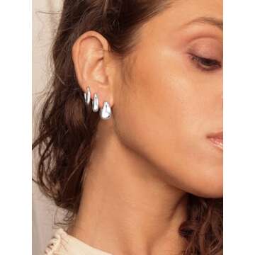 JECOMY 6 Pairs Stylish Silver Hoop Earrings Set