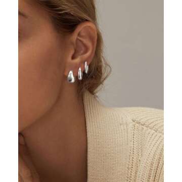 JECOMY 6 Pairs Stylish Silver Hoop Earrings Set