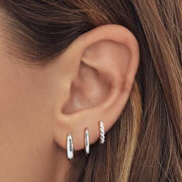 JECOMY 6 Pairs Stylish Silver Hoop Earrings Set