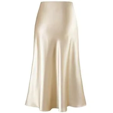 Women's Satin High Waist Hidden Elasticized Waistband Flared Casual A Line Midi Skirt (Champagne, La...