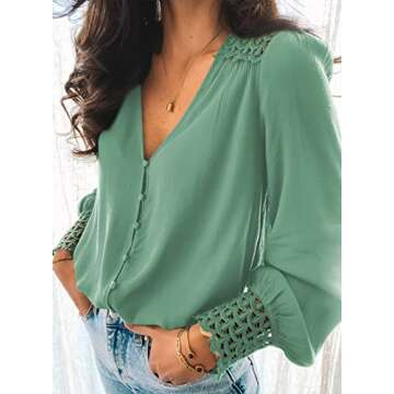 Astylish Womens Sexy V Neck Lace Lantern Sleeve Tops Button Down Shirt Blouse
