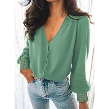 Astylish Womens Sexy V Neck Lace Lantern Sleeve Tops Button Down Shirt Blouse