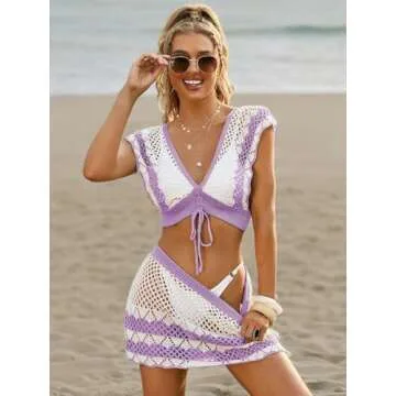 GORGLITTER Women's 2 Piece Crochet Hollow Out Cover Up Set V Neck Backless Tie Front Beach Swimsuit Purple Large