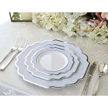 " OCCASIONS " 50 Plates Pack (25 Guests)-Heavyweight Wedding Party Disposable Plastic Plate Set -(25x10.5'' Dinner + 25x8'' Salad/dessert (Imperial in White/Blue & Silver)