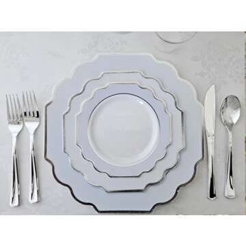 " OCCASIONS " 50 Plates Pack (25 Guests)-Heavyweight Wedding Party Disposable Plastic Plate Set -(25x10.5'' Dinner + 25x8'' Salad/dessert (Imperial in White/Blue & Silver)