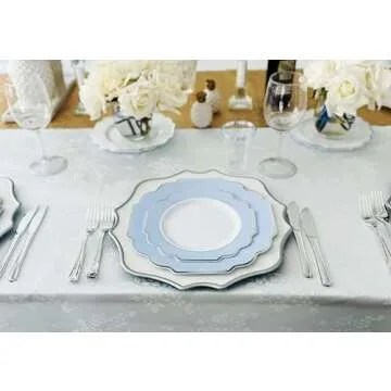 " OCCASIONS " 50 Plates Pack (25 Guests)-Heavyweight Wedding Party Disposable Plastic Plate Set -(25x10.5'' Dinner + 25x8'' Salad/dessert (Imperial in White/Blue & Silver)