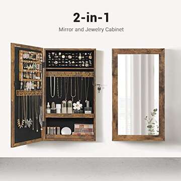 SONGMICS Lockable Jewelry Cabinet Armoire with Mirror, Wall-Mounted Space Saving Jewelry Storage Organizer, Rustic Brown UJJC051K01