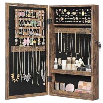 SONGMICS Lockable Jewelry Cabinet Armoire with Mirror, Wall-Mounted Space Saving Jewelry Storage Organizer, Rustic Brown UJJC051K01
