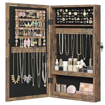 SONGMICS Lockable Jewelry Cabinet Armoire with Mirror, Wall-Mounted Space Saving Jewelry Storage Organizer, Rustic Brown UJJC051K01