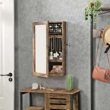SONGMICS Lockable Jewelry Cabinet Armoire with Mirror, Wall-Mounted Space Saving Jewelry Storage Organizer, Rustic Brown UJJC051K01