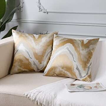 Ohok Set of 2 Gold Silver White Wave Stripe Decorative Throw Pillow Covers Pillow Cases 18x18 Inches for Home Decor Living Room Bedroom Bed Couch Chair