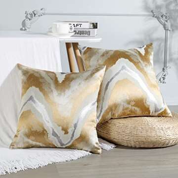 Ohok Set of 2 Gold Silver White Wave Stripe Decorative Throw Pillow Covers Pillow Cases 18x18 Inches for Home Decor Living Room Bedroom Bed Couch Chair