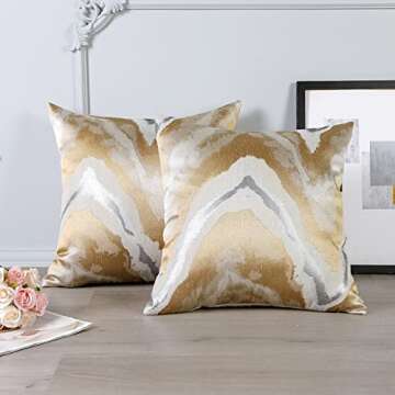 Ohok Set of 2 Gold Silver White Wave Stripe Decorative Throw Pillow Covers Pillow Cases 18x18 Inches for Home Decor Living Room Bedroom Bed Couch Chair