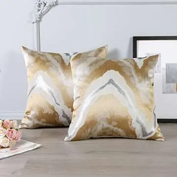 Ohok Set of 2 Gold Silver White Wave Stripe Decorative Throw Pillow Covers Pillow Cases 18x18 Inches for Home Decor Living Room Bedroom Bed Couch Chair