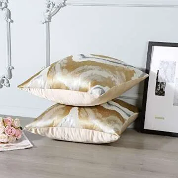 Ohok Set of 2 Gold Silver White Wave Stripe Decorative Throw Pillow Covers Pillow Cases 18x18 Inches for Home Decor Living Room Bedroom Bed Couch Chair